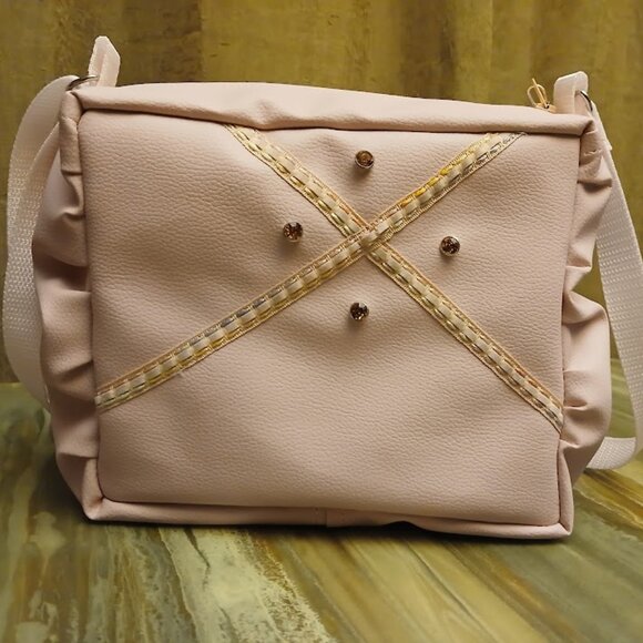New Travel Sling Crossbody bag Pink Pebbled faux leather Peach rhinestone trim - Picture 10 of 12